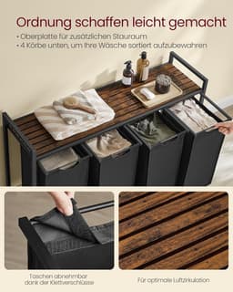 Furnstar Wasmand - Wasverzamelaar met plank - Wasbox - Afneembare waszak van Oxford stof - 4 vakken - Metalen frame - 160L - 116 x 33 x 72 cm - Inktzwart Vintabruin — thumbnail 5