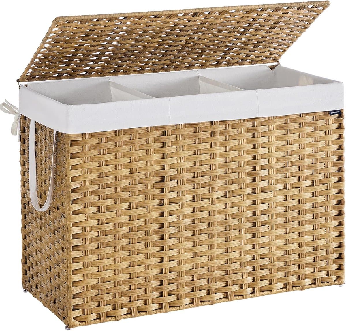 SONGMICS Wasmand 200 L, Kunststof Rattan Opbergmand met Deksel en Handgrepen, Wicker-look, Opvouwbaar, Uitneembare Voering, voor Dekens of Kleding in Woonkamer of Wasruimte – Naturel – Model LCB320Y01 — afbeelding 1