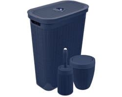 Wasmand 40 liter - Toiletborstel met doseersysteem - Prullenbak met swingdeksel - Set 'Hessian' - Donkerblauw