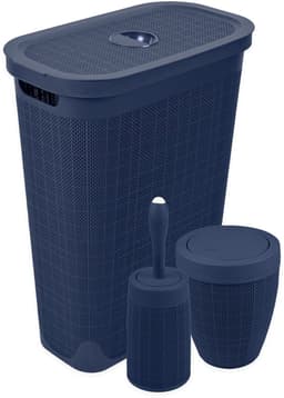 Wasmand 40 liter - Toiletborstel met doseersysteem - Prullenbak met swingdeksel - Set 'Hessian' - Donkerblauw — thumbnail 1