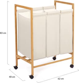 RFWR® Wasmand met 3 Vakken van Bamboe en Wielen – Praktische Oplossing voor het Sorteren van Wasgoed — thumbnail 4