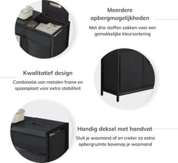 ACAZA Wasmand - Wasmand Met Deksel - 3 Vakken - 160 L - 95 x 33 x 71cm - Zwart — thumbnail 4