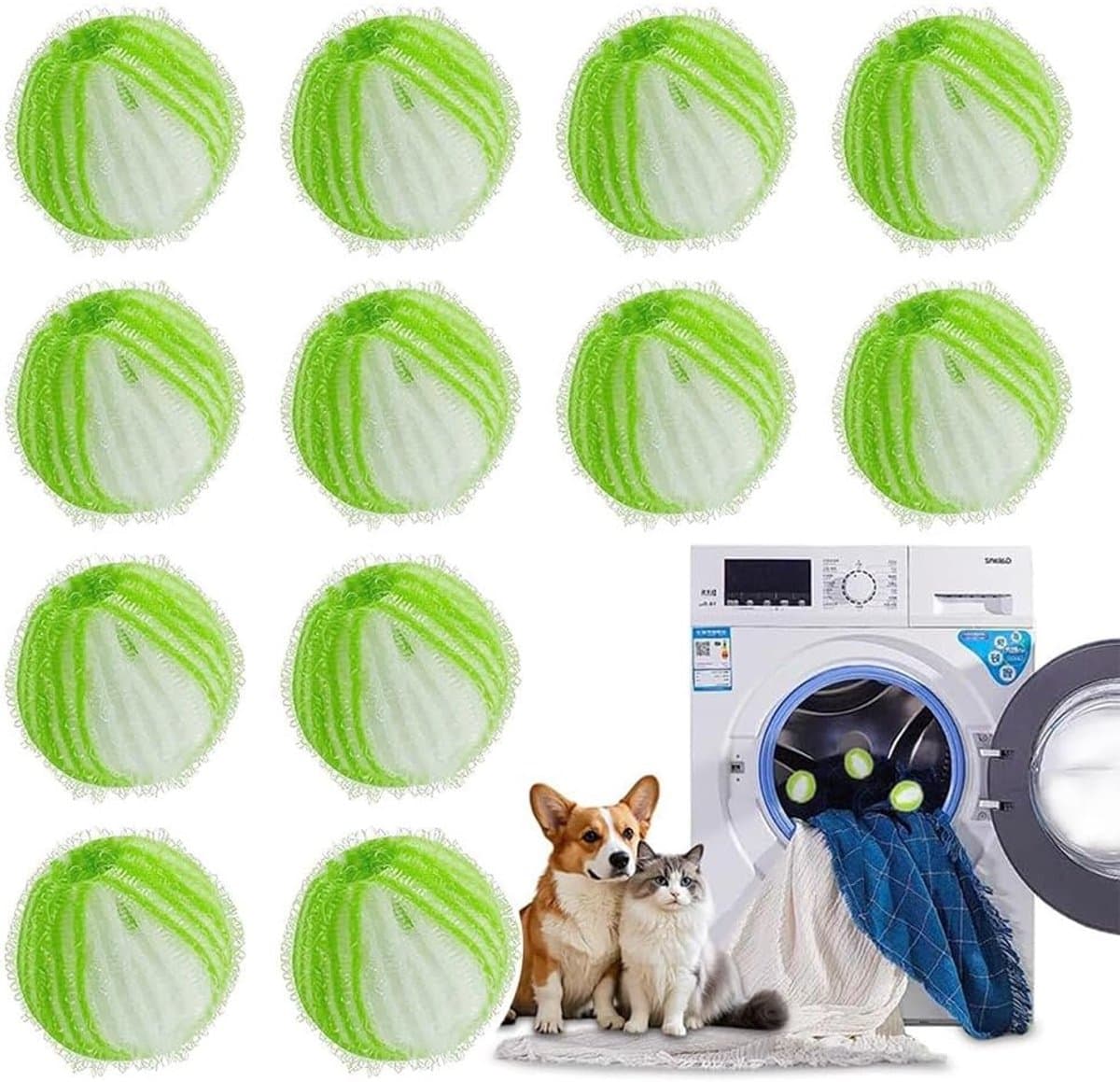 12 Stuk Wasmachine voor het verwijderen van dierenhaar - Herbruikbare pluizenbalwasser - Wasmachine voor het opvangen van haar - Reinigingsballen voor dierenhaar - Wasmachine voor het verwijderen van pluizen voor kleding en beddengoed - Groen — afbeelding 1