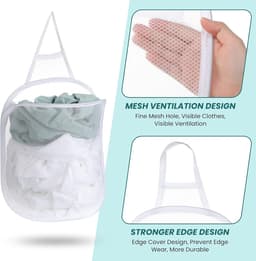 3 stuks - Opvouwbare wasmand voor aan de muur - Hangende wasmand - Wasmand van gaas - Ademend - Met handgrepen - Wit - Voor kleding en speelgoed - Geschikt voor badkamers, camping en hotels — thumbnail 5