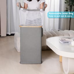 Smal wasmand met deksel - 63 liter - grijs - opvouwbaar - bamboe handgrepen — thumbnail 3