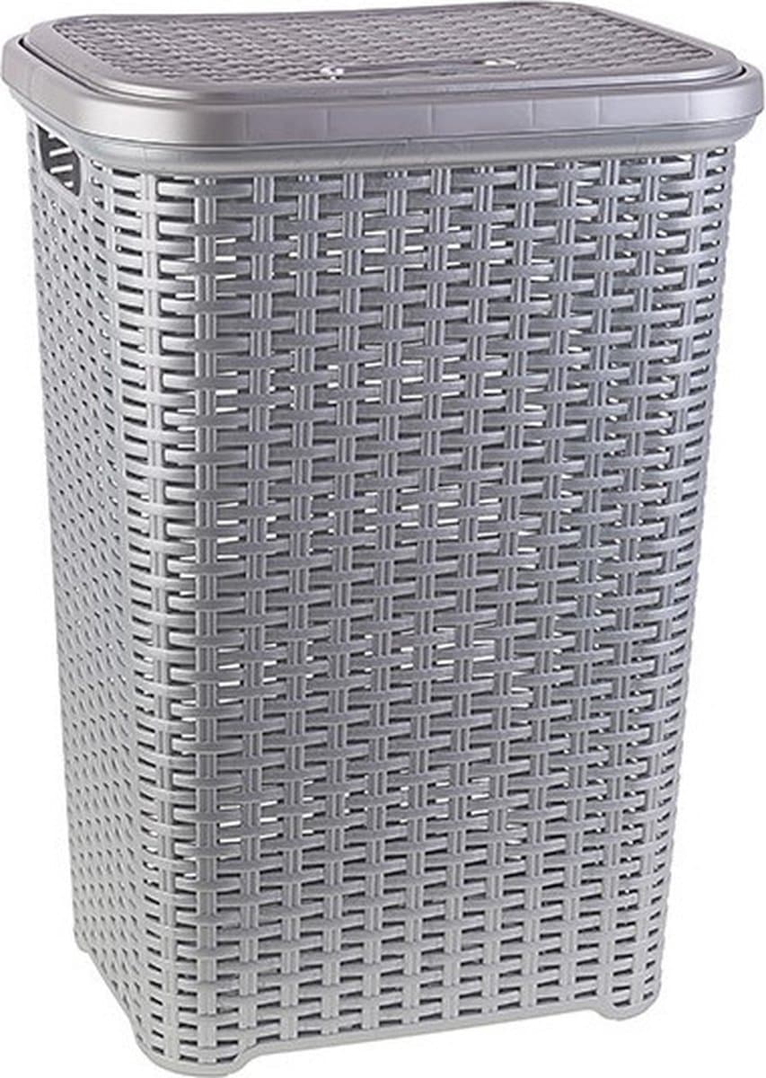 Plasticforte Wasmand met deksel - 60 liter - zilvergrijs - rotan - kunststof - L35 x B43 x H62 cm — afbeelding 1