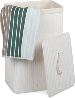 wasmand bamboe - 83 l - met deksel - opvouwbaar - groot - wit — thumbnail 2