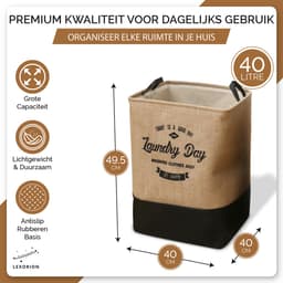 Lexorion Laundry Day - Wasmand - Opvouwbare Wasmand - 80 L Wasmand - Klassieke Engelse Stijl voor Wasgoed - Voor Speelgoed en Dekens - Milieuvriendelijke - Kunstleren Handvatten - Rubberen Onderkant - 100% Katoen - Bruin - 40x40x50 cm — thumbnail 2