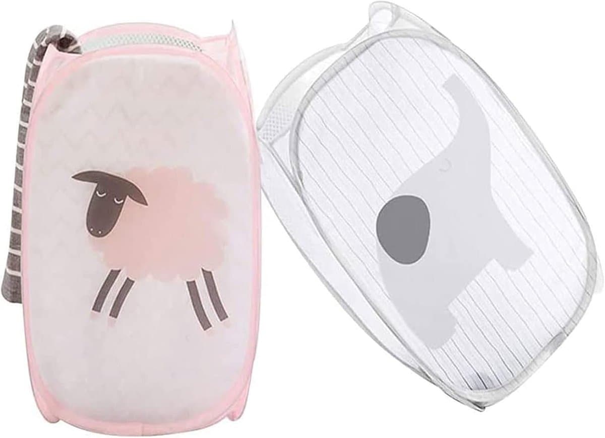 2 Stukken Vuile Kledingmand - Mesh Pop Up Wasmanden - Opvouwbare wasmand - 30x50cm - Speelgoedmand Kinderen - Wasbox Opvouwbaar - Laundry basket - Wasmanden - Opbergmand voor Badkamer - Waszak (roze, grijs) — afbeelding 1