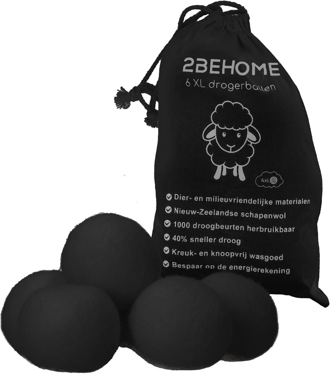 2BEHOME XL Drogerballen Voor Wasdrogers - 6 Stuks - Gemaakt van 100% Nieuw-Zeelandse Schapen Wol - Wasdrogerballen - Droogballen - Droger Ballen - Dryer Balls - Zwart — afbeelding 1