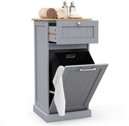 COSTWAY Waskast met wasmand, wasverzamelaar met lade, tafelblad van bamboe, badkamerkast, badkamerkast voor badkamer, bijkeuken, 40 x 37 x 82 cm (grijs) — thumbnail 1
