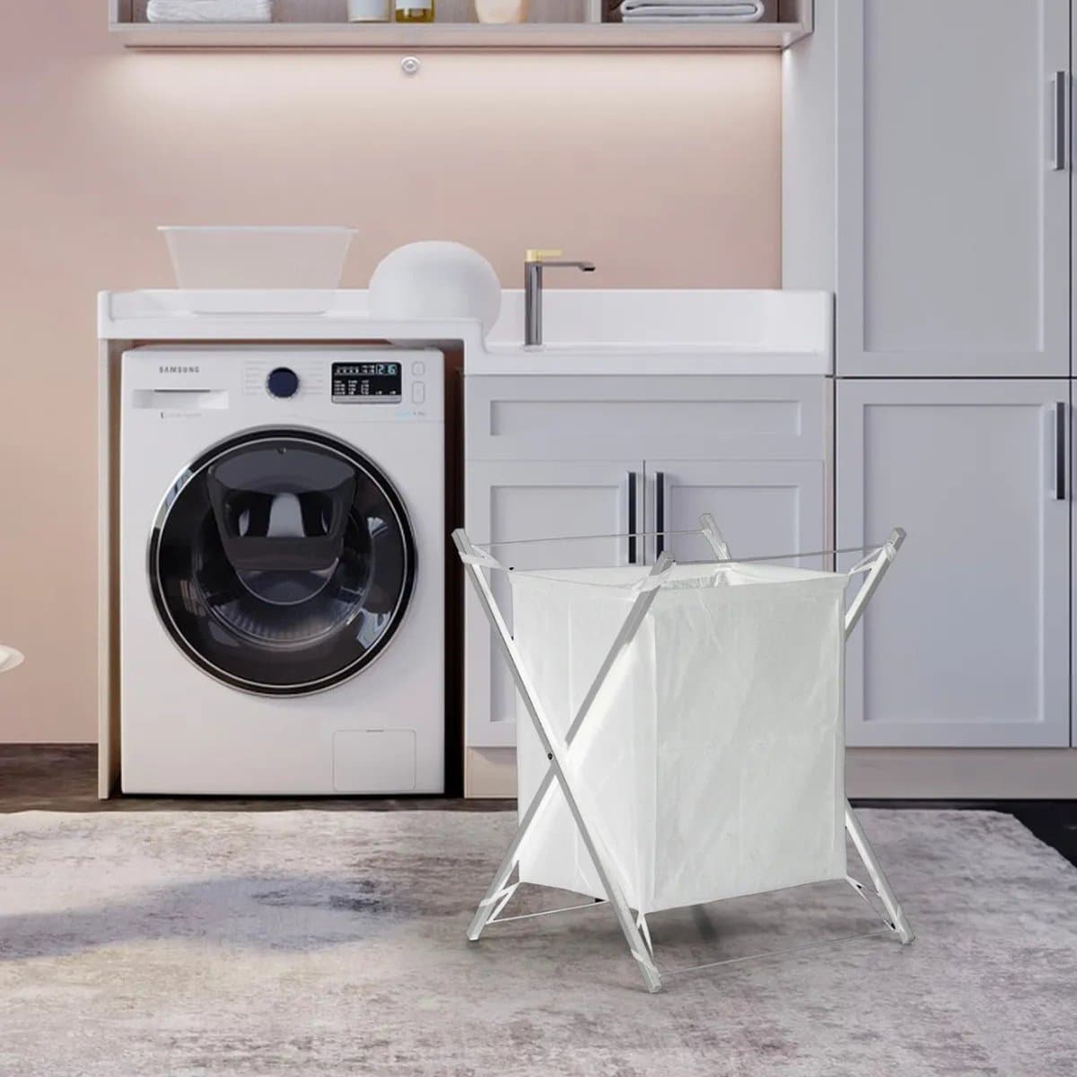 Wasmand - Wit - Industrieel/Modern - Wasmand op Poten - Metaal - Opvouwbaar - Wasverzamelaar — afbeelding 1