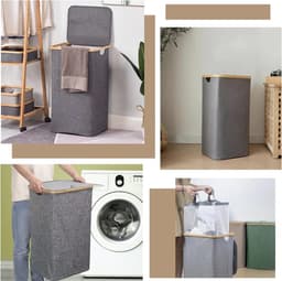 110L wasmand met deksel grote wasmanden met bamboe handvatten draagbare kledingmand voor slaapzaal badkamer grijs opvouwbare wasmand wasmanden voor kast (grijs) — thumbnail 3