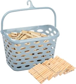 Wasknijpersmandje met haak - ijsblauw - en 100x houten wasknijpers 7 cm - was ophangen — thumbnail 1