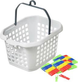 Wasknijpers ophang mandje/bakje - wit - met 72x plastic knijpers — thumbnail 1