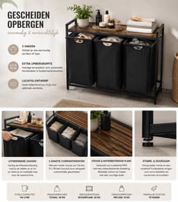 Jurrys Badkamerkast - Wasmand - Badkamermeubel - Stijlvol - Ruimtebesparend - Industrieel - Mdf - Staal - 92.5x33x72cm - Zwart — thumbnail 3