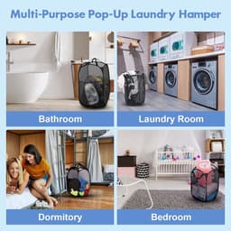 2-stuks Opvouwbare wasmand van gaas - Opvouwbare wasmand - Pop-up wasmand - Kledingmand - Wasmand - Met stevig handvat en zijvakken - 30*30*46 cm - Geschikt voor thuis, studentenkamers, slaapkamers, op reis, enz. - Zwart — thumbnail 3