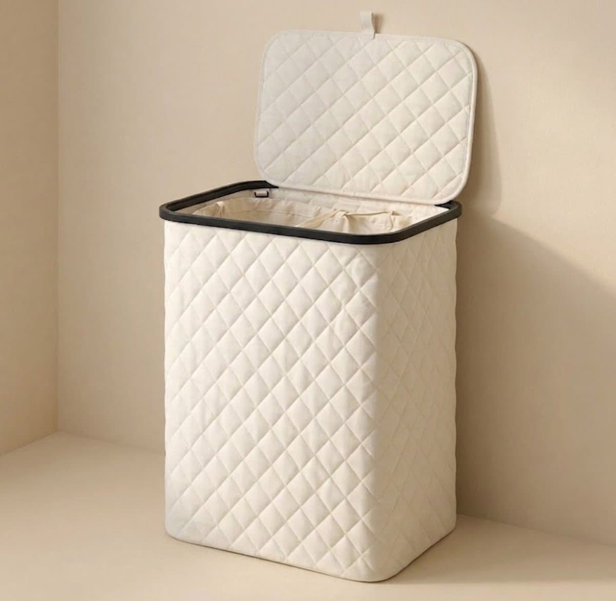 MAZAZU Wasmand met Deksel - 100 Liter - Uitneembare Binnenzak - Bamboe Frame - Crème Wit - Opvouwbare Wasbox - 44x33x69 cm — afbeelding 1