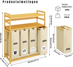 TIM® Wasmand 4 Vakken - Wassorteerder - Waszak - Bamboe Frame - Beige - 104cm x 42cm x 100cm — thumbnail 5