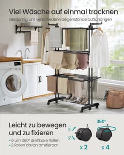 SONGMICS wasdroger- standaarddroger 4 niveaus- vleugelwasdroger- opvouwbare vleugels- met rollen- 63,5x125,5x173 cm, groot — thumbnail 5