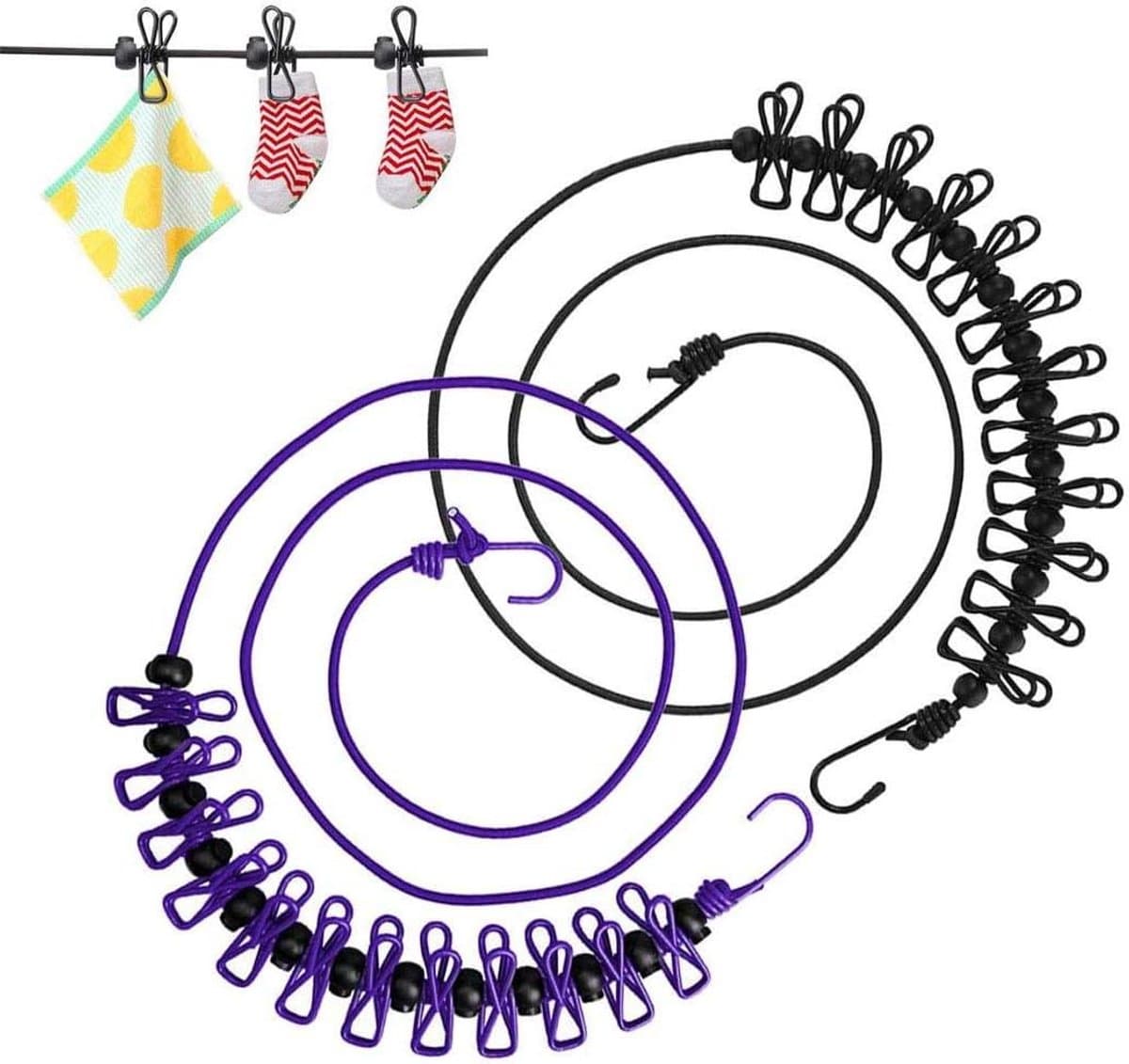 Waslijnen met Clips - Reiswaslijn Kampeerlijn - Kleding Drogen Buiten - 12 Gecoate Clips - Tot 360 cm - Zwart — afbeelding 1
