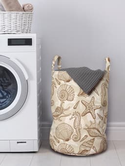 ABAKUHAUS Sea Shells waszak, vintage oceaanontwerp, wasmand met handvaten, trekkoordje voor wasserettes, beige bruin — thumbnail 3