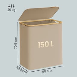 SONGMICS - Wasmand - Wasbox met 3 Vakken - Opvouwbare Wasmand - Met Bamboe Handgrepen en Uitneembare Zak — thumbnail 2