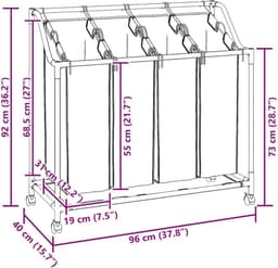 RUX® Wasmand 4 Vakken - Wasmand - Wassorteerder - Grijs - 20KG - 96cm x 40cm x 92cm — thumbnail 5