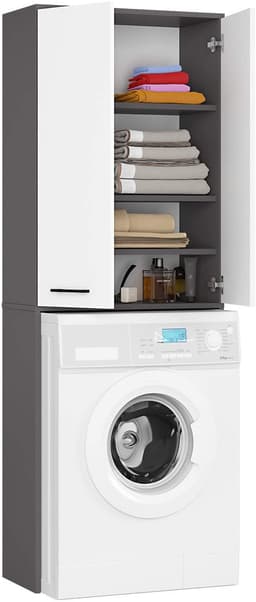 Badkamerkast voor Wasmachine FIN / Hoge Wasmachinekast met 2 Deuren / AKORD Furniture Factory / Grafietgrijs - Wit / 64 x 180 x 30 cm — thumbnail 2