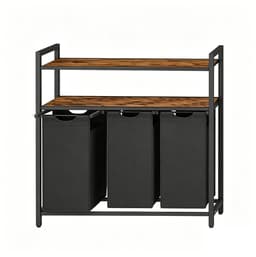 Wasmand met 3 vakken wasrek voor vuile was 92.5 x 33 x 92 cm bruin + zwart met 3 uitneembare en afneembare 40L binnenzakken en 2-laags opbergplanken stevig en duurzaam metalen frame eenvoudig te monteren en te reinigen geschikt voor badkamer — thumbnail 1