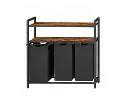 Wasmand met 3 vakken wasrek voor vuile was 92.5 x 33 x 92 cm bruin + zwart met 3 uitneembare en afneembare 40L binnenzakken en 2-laags opbergplanken stevig en duurzaam metalen frame eenvoudig te monteren en te reinigen geschikt voor badkamer