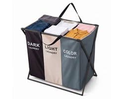 Cheqo® Wasmand 3 Vakken - Wassorteerder - Opvouwbaar - Was Organizer - Waszak voor Wasgoed Sorteren - Vuile Was - Wasverzamelaar - Wasgoedmand - Inklapbaar - Wasmand met Handvat voor Badkamer en Slaapkamer