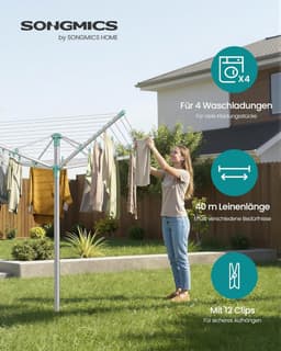SONGMICS Kleding Luchter Hoogte Verstelbaar Aluminium Legering Buiten Kleding Luchter met Grond Anker Beschermhoes Kleding Handjes Zilver Groen 40m Waslijn 4 Ladingen LLR303EZ01 — thumbnail 3