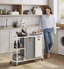 J&R Wasmand met 2 Uitneembare Waszakken – 100L Wasgoedsorteerder op Wielen – Wit — thumbnail 5
