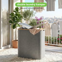 Wasmand 2 vakken - Wasmand met deksel - Groot volume 150 liter - Verdeelde opbergmand - Grijs — thumbnail 3