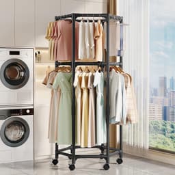 Dubbel Laags Hexagonaal Droogrek met 360 Graden Rotatie en Verplaatsbare Basis voor Thuis, Slaapkamer en Balkon - Ideaal voor Kleding en Handdoeken — thumbnail 1