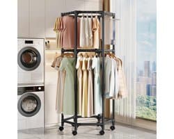Dubbel Laags Hexagonaal Droogrek met 360 Graden Rotatie en Verplaatsbare Basis voor Thuis, Slaapkamer en Balkon - Ideaal voor Kleding en Handdoeken