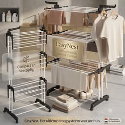 4-laags Opvouwbaar Wasdroogrek met Wielen – Ruimtebesparende Wasdroogtoren met 6 Vleugels & 2 Draaibare Armen – Stevig Metalen Kledingrek voor Binnen & Buiten — thumbnail 2