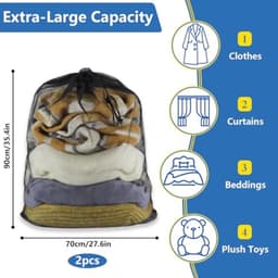 2 stuks wasnet groot 70 x 90 cm - zwarte waszakken met trekkoord voor wasmachine - beschermend wasnet voor beddengoed, pluche dieren en kleding - machinewasbaar - laundry bag — thumbnail 5