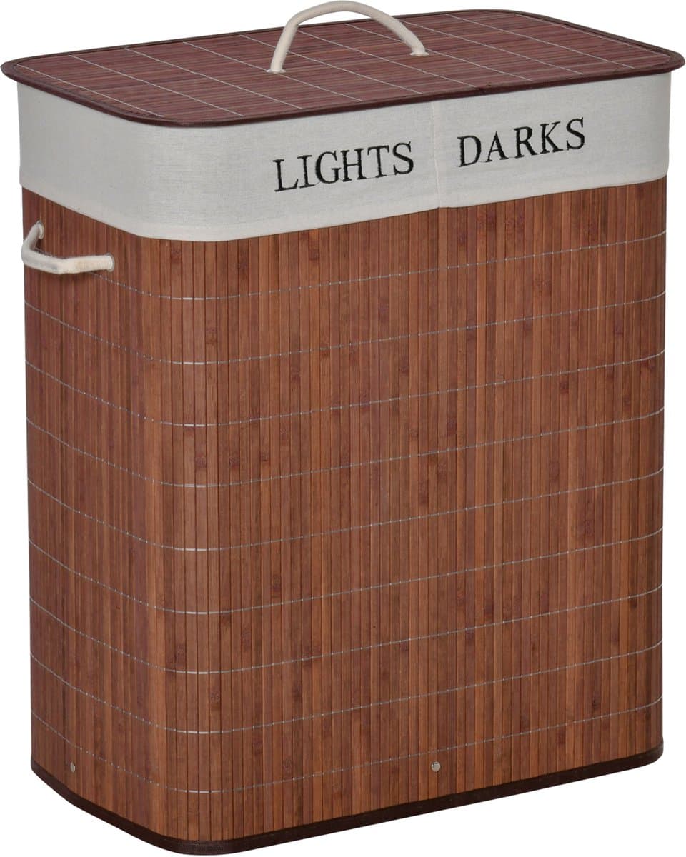 Bamboe Wasmand - Badkamer Wasbox - Grote Wasverzamelaar - Wasmand 100L - 3 Handvatten - Uitneembare Zak - Wasbaar - Stevig - Badkamer - 52x32x63cm - 1 Stuk - Bruin Wit — afbeelding 1