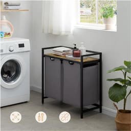 Wasmand met 2 compartimenten, 95 liter, met plank en dubbele uittrekbare waszakken, wasmand voor wasruimte, slaapkamer, badkamer, studentenkamer, grijs — thumbnail 4
