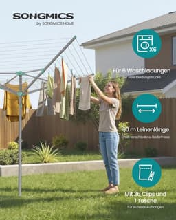 SONGMICS wasspin, wasrek, draaibar, opvouwbaar, buiten, tuin, met wasklemmen, beschermhoes, zilver, 60 m waslijn, voor 6 wasbeurten LLR308EZ01 — thumbnail 5
