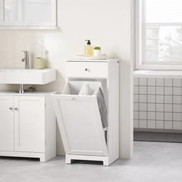 Wasmand Kast - Badkamerkast - Opbergmeubel - Wassorteerder - Kast met Wasmand - Met Lade - Wit - 37x38x91cm — thumbnail 1