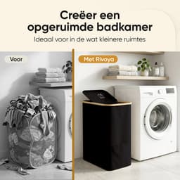 Rivoya Wasmand 2 Vakken - Wassorteerder - 130L - Met 2 Uitneembare Zakken - Wasmand met deksel - Laundry basket - Waszak - Zwart - Knopen — thumbnail 2