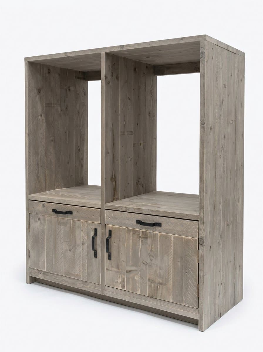Wasmachinekast Cleveland met uitschuifbare plateaus – Voor wasmachine en droger – 135 x 65 x 150 cm – Steigerhout — afbeelding 1