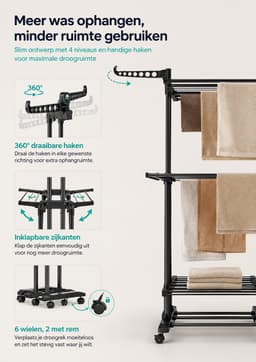 Jurrys Wasdroger - Droogrek - Standaard droger - Kleding droogrek - 4 niveaus - Multifunctioneel - Zwart - 63,5x125,5x173 cm — thumbnail 5