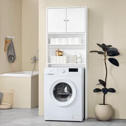 Novendo Goods - Wasmachinekast 182 cm hoog met kast en planken - Badkamer opbergkast boven wasmachine - Smalle ruimtebesparende kast - Wit MDF — thumbnail 3