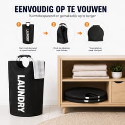 BOTC Wasmand - Waszak - 115L - Laundry basket - Wassorteerder - 43x79 cm - waszak vouwbaar - draagbaar wasbox - Zwart — thumbnail 2