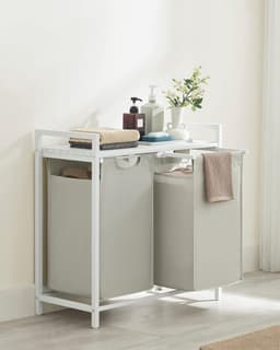 Wasmand 2 vakken met plank en waszak van oxford stof - 2 x 46 L 73 x 33 x 72 cm wit BLH201W01 — thumbnail 3