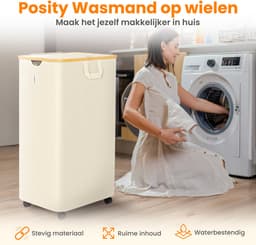 Posity Wasmand op Wielen – 100 Liter – Opvouwbaar – Met Deksel & Handvaten – Wasmand Stof - Bamboe - Laundry Basket - Incl. Waszak - Beige — thumbnail 2